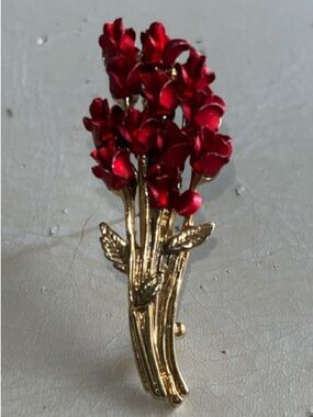 Warner's Gold Tone Brooch with Red Floral Bouquet